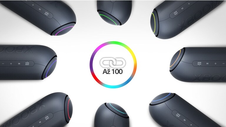 Na bielom pozadí sa v kruhu okolo ikony odkazu umiestni osem zariadení LG XBOOM Go s rôznymi svetlami.