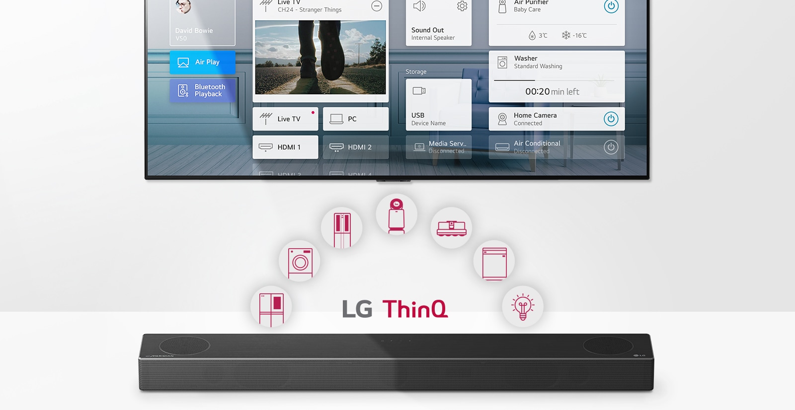 Televízor je umiestnený na stene. Pod televízorom sa nachádza LG Sound Bar. Medzi televízorom a LG Sound Barom je zobrazené logo LG ThinQ a ikony spotrebičov.