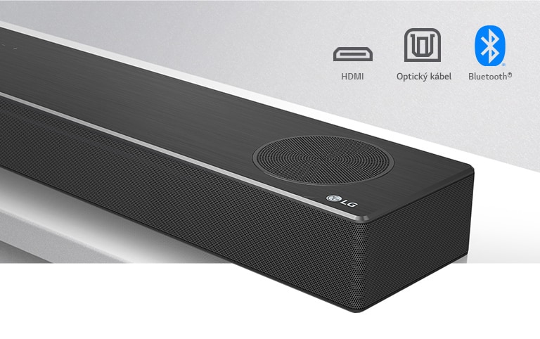 Detailný pohľad na pravú stranu LG Sound Baru s logom LG v pravom dolnom rohu. Nad produktom sú zobrazené ikony pripojenia.