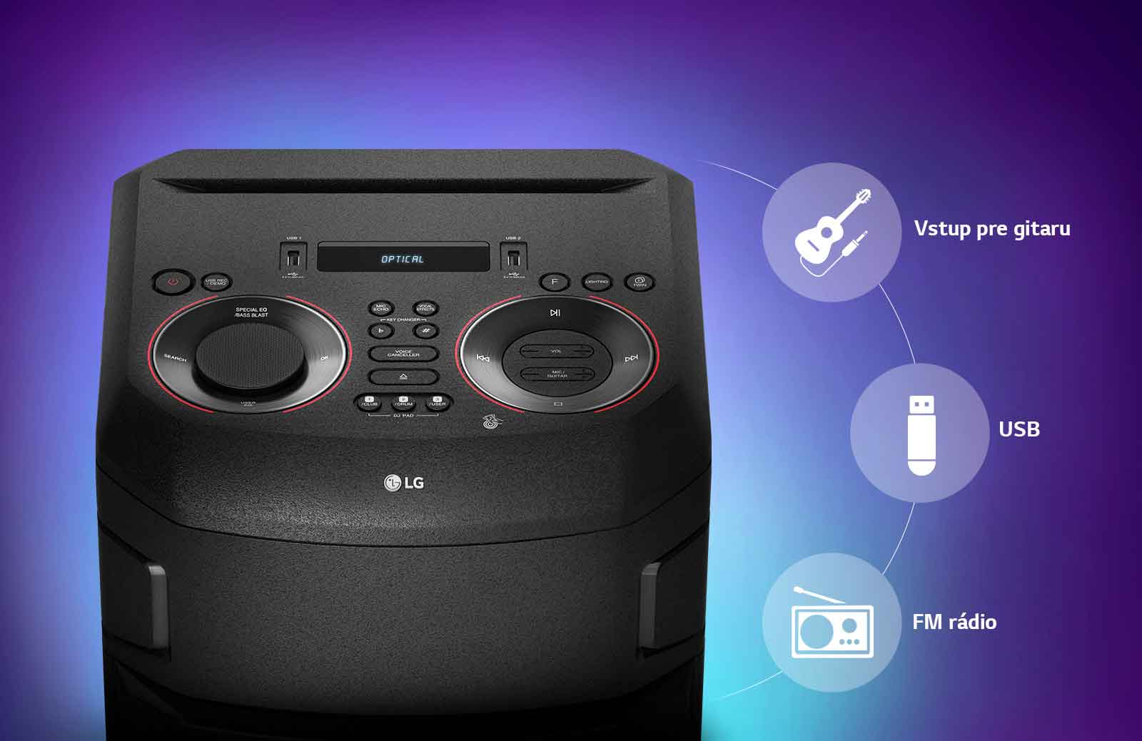 Detailný záber na hornú časť reproduktora LG XBOOM, okolo neho sú zobrazené ikony konektivity.