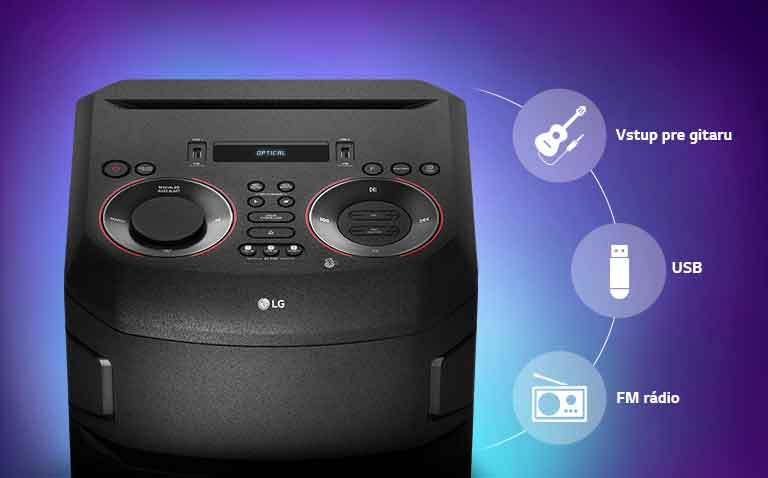 Detailný záber na hornú časť reproduktora LG XBOOM, okolo neho sú zobrazené ikony konektivity.