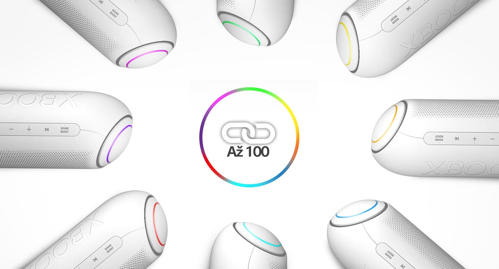 Na bielom pozadí sa v kruhu okolo ikony odkazu umiestni osem zariadení LG XBOOM Go s rôznymi svetlami.