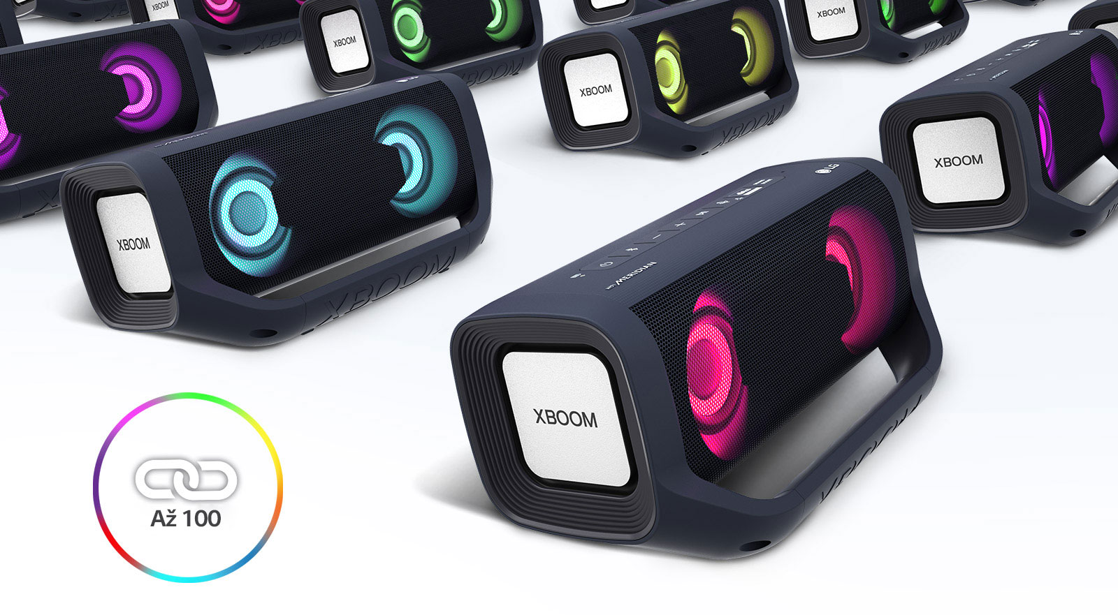 Pohľad z uhla na viacero zoradených reproduktorov XBOOM Go s rôznym farebným osvetlením.