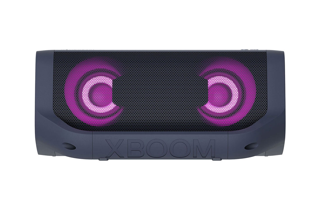 LG PN5 Audio systém, Pohľad spredu na LG XBOOM Go s fialovým osvetlením, PN5