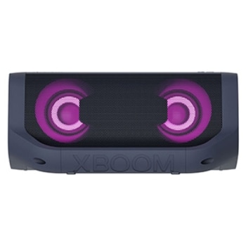 Pohľad spredu na LG XBOOM Go s fialovým osvetlením1