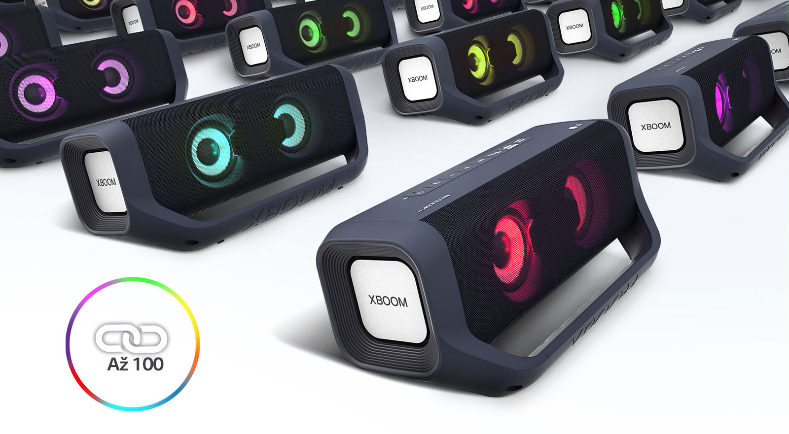 Pohľad z uhla na viacero zoradených reproduktorov XBOOM Go s rôznym farebným osvetlením.