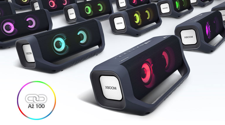 Pohľad z uhla na viacero zoradených reproduktorov XBOOM Go s rôznym farebným osvetlením.