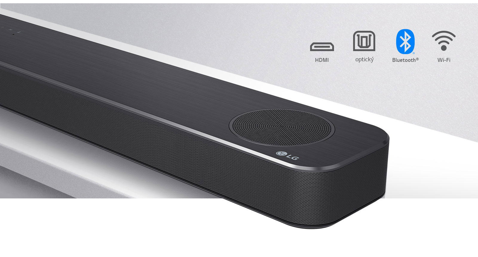 Detailný pohľad na pravú stranu LG Sound Baru s logom LG v pravom dolnom rohu. Nad produktom sú zobrazené ikony pripojenia.