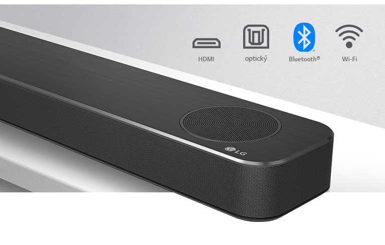 Detailný pohľad na pravú stranu LG Sound Baru s logom LG v pravom dolnom rohu. Nad produktom sú zobrazené ikony pripojenia.