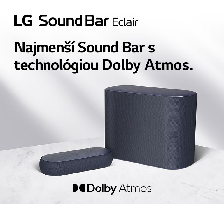 Sound Bar a subwoofer umiestnené na mramorovej podlahe. Sound Bar a subwoofer sú položené proti sebe