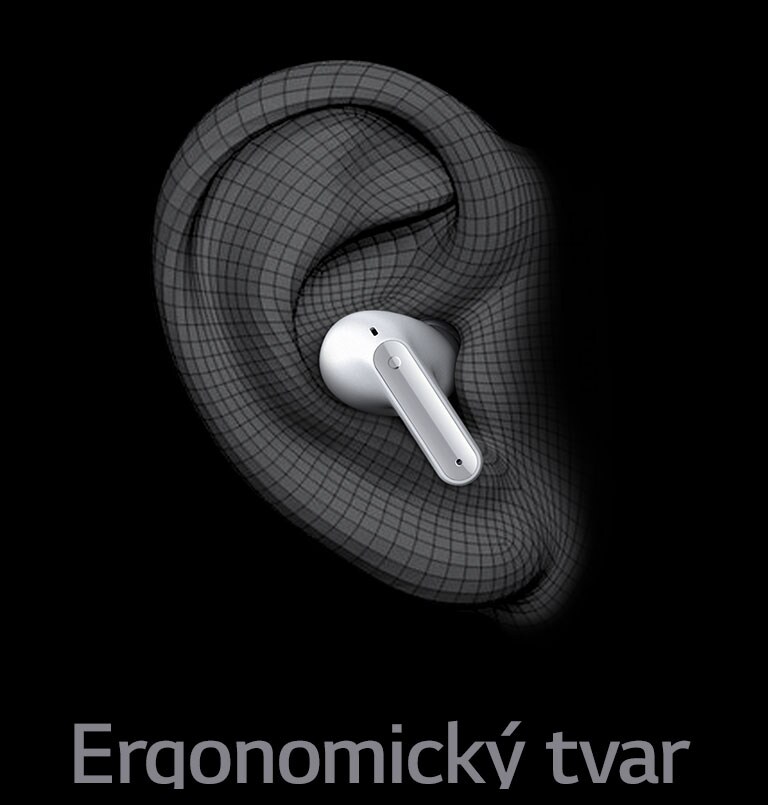Obrázok slúchadla TONE Free vloženého v uchu. Tvar je znázornený v 3D. Nižšie sa nachádza text Ergonomický tvar.