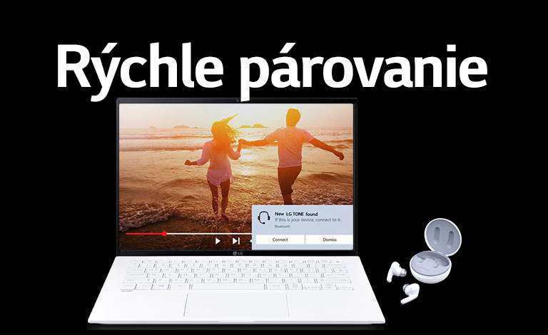 Obrázok laptopu a slúchadiel TONE Free umiestnených pod textom Rýchle párovanie. Na obrazovke otvoreného laptopu sa zobrazuje upozornenie na párovanie.