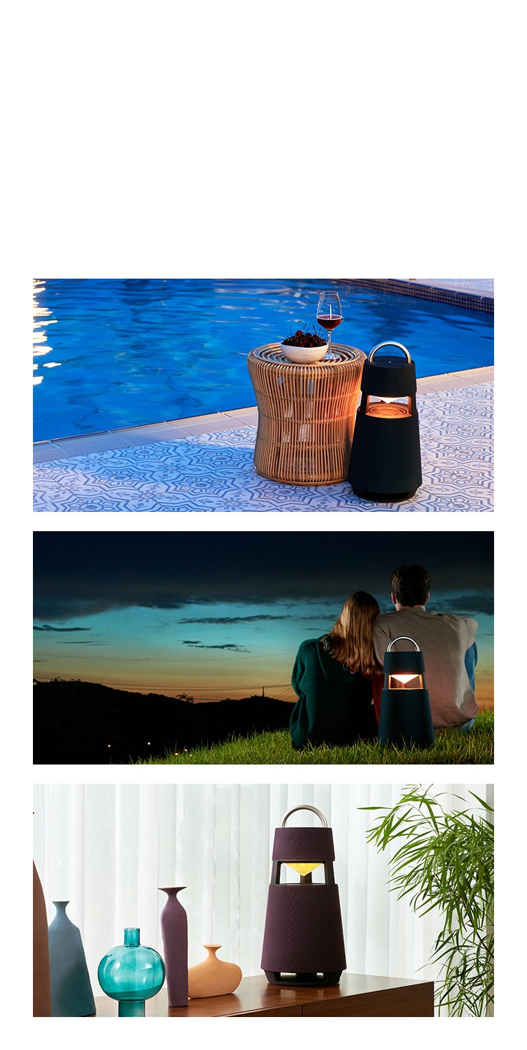 Obrázok reproduktora XBOOM 360 so žltým osvetlením pri vonkajšom bazéne. Obrázok reproduktora XBOOM 360 stojaceho za ženou a mužom, ktorí hľadia na nočnú oblohu pri západe slnka. Obrázok reproduktora XBOOM 360 so žltým osvetlením naľavo od ženy, ktorá si užíva večierok.