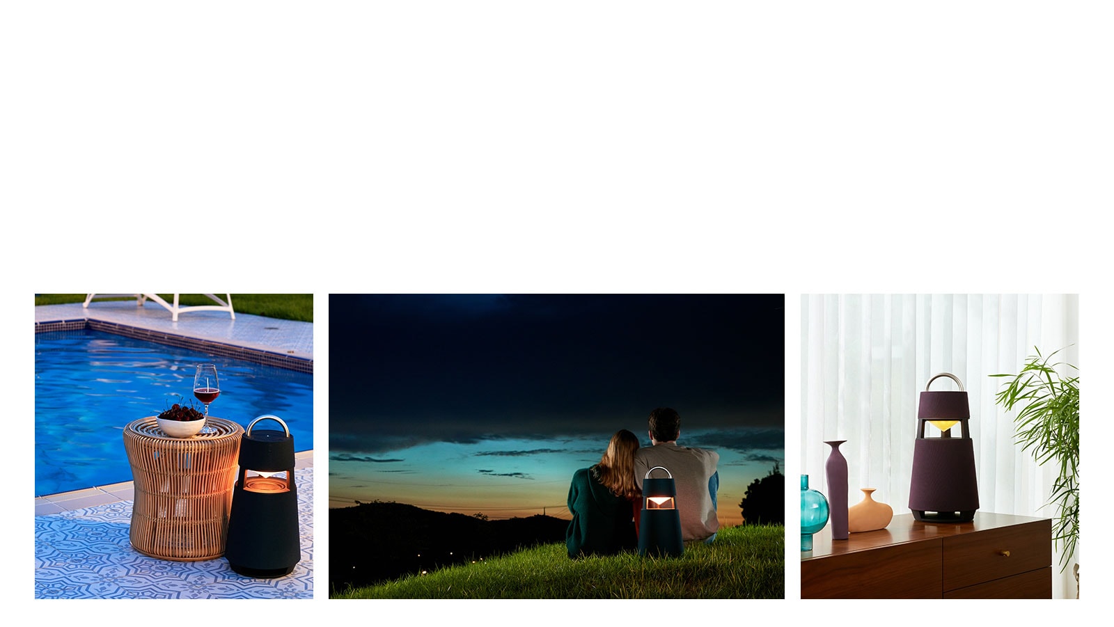 Obrázok reproduktora XBOOM 360 so žltým osvetlením pri vonkajšom bazéne. Obrázok reproduktora XBOOM 360 stojaceho za ženou a mužom, ktorí hľadia na nočnú oblohu pri západe slnka. Obrázok reproduktora XBOOM 360 so žltým osvetlením naľavo od ženy, ktorá si užíva večierok.
