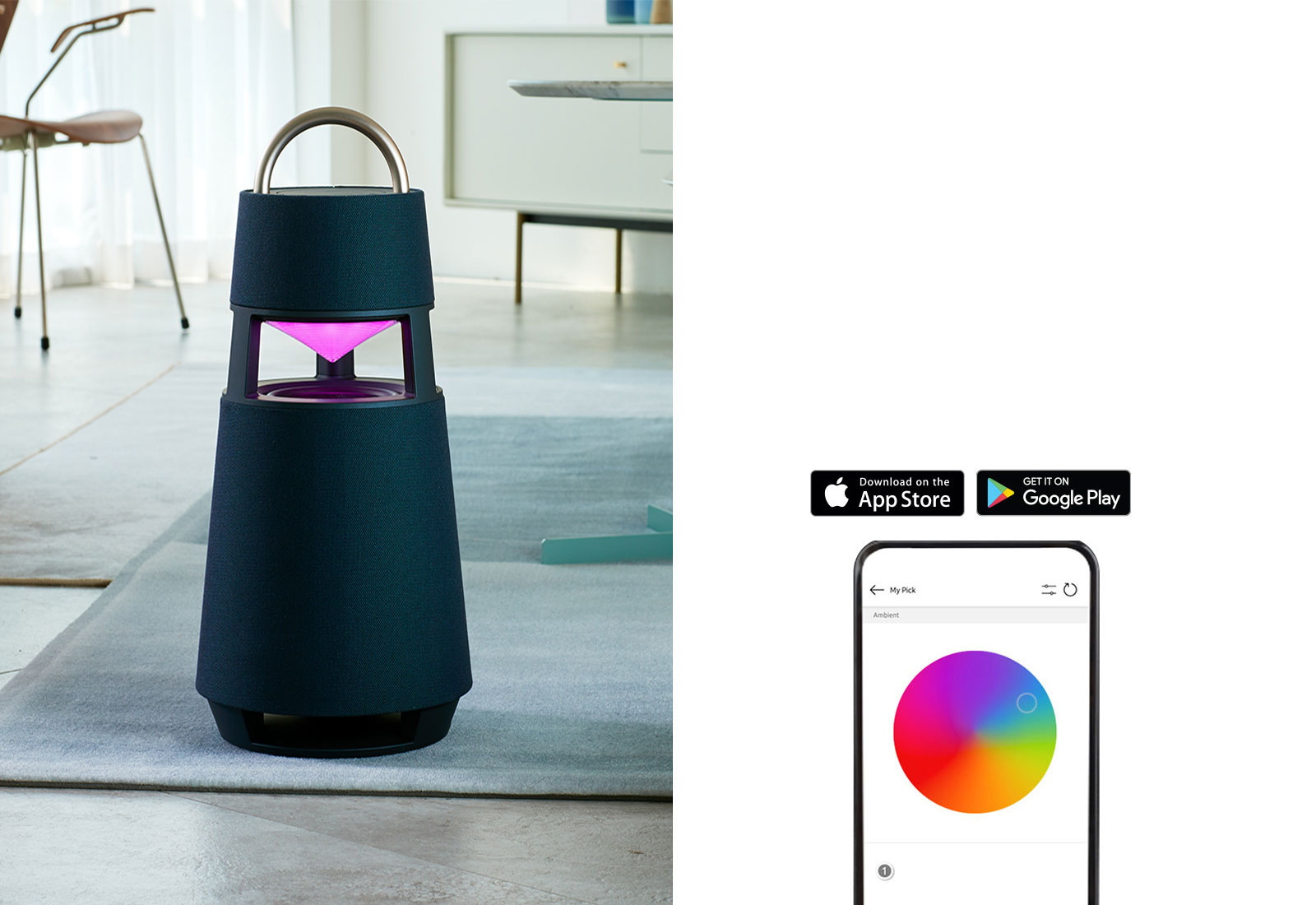 Obrázok vo formáte GIF, na ktorom sa reflektor XBOOM 360 umiestnený na podlahe miestnosti zmení na rovnakú farbu v závislosti od farby obrazovky mobilného telefónu.