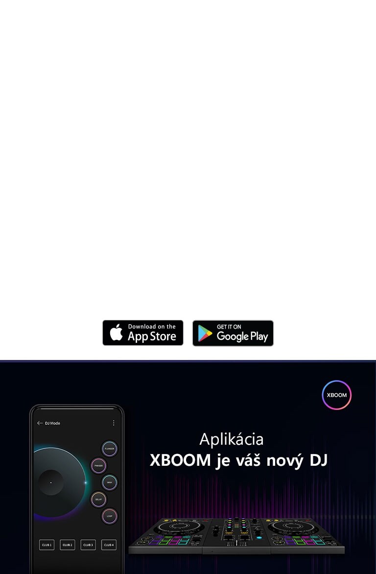 Obrázok mobilného telefónu so zobrazením režimu DJ aplikácie, vedľa ktorého je položený skutočný DJ kontroler. V hornej časti obrázka sa nachádza logo aplikácie XBOOM.