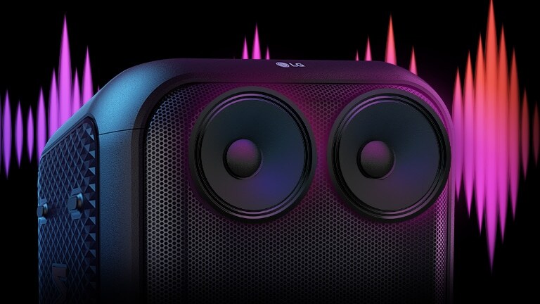 Detailný pohľad na 2,5-palcové kupolové výškové reproduktory, za ktorými sa zobrazuje grafika s vysokými tónmi. Výškové reproduktory sú zvýraznené na dizajnové účely. V pozadí sa nachádza zvukový ekvalizér.