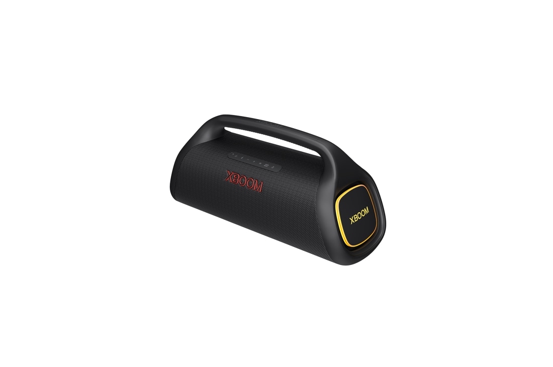 LG XBOOM Go XG9QBK, Priečny pohľad s pravou stranou vpredu, svieti oranžové svetlo, XG9QBK, thumbnail 6