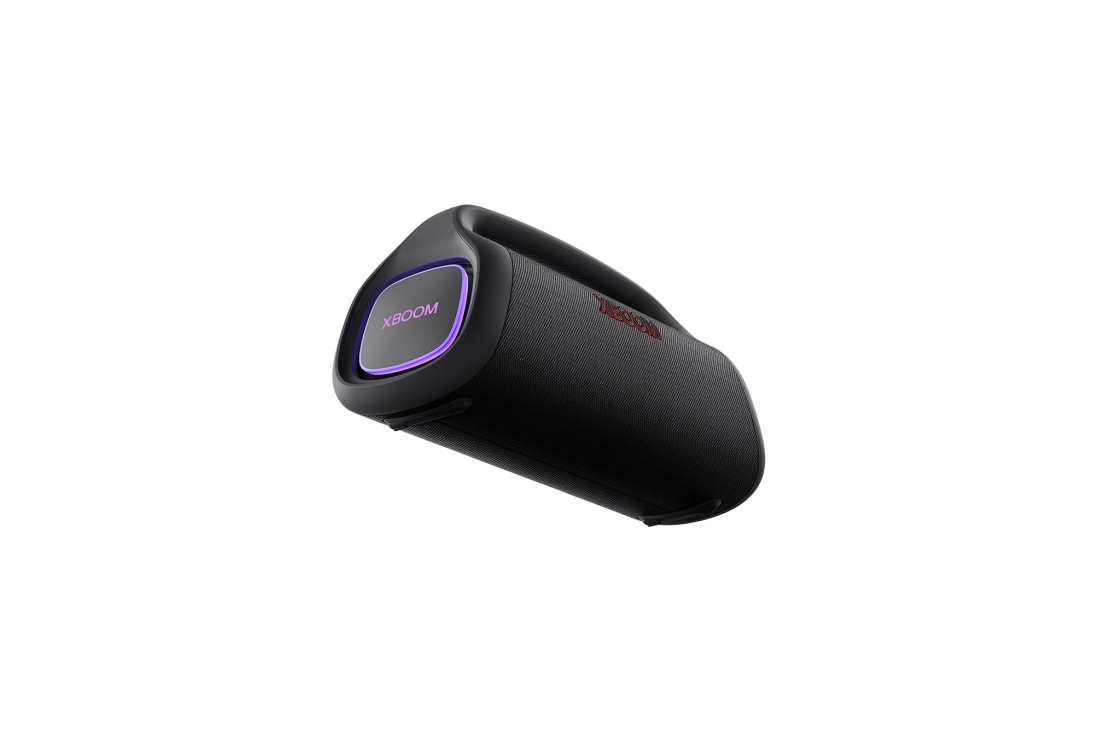 LG XBOOM Go XG9QBK, Záber zdola s ľavou stranou vpredu, svieti fialové svetlo, XG9QBK, thumbnail 10
