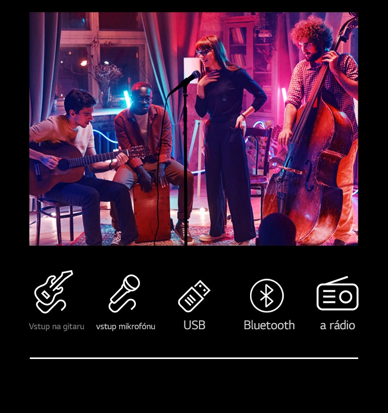 'Scéna z koncertu. Pod obrázkom sú zobrazené ikony vstupu pre gitaru, USB, Bluetooth a rádia.