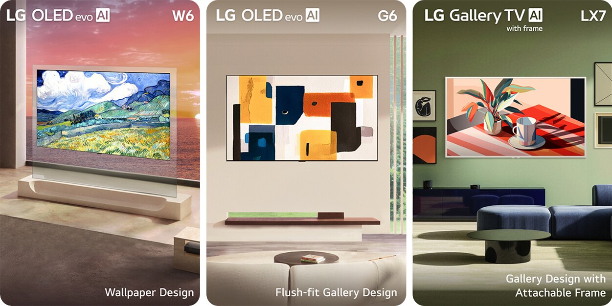 Rad LG Lifestyle Screens predstavuje televízory LG OLED evo AI W6 Wallpaper TV, LG OLED evo AI G6 a LG Gallery TV s rámom LX7 ART TV, pričom každý z nich sa vyznačuje dizajnom Wallpaper Design, Flush-fit Gallery Design a Gallery Design s pripojiteľným rámom v rôznych interiéroch.