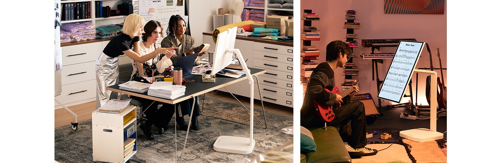Dve rôzne scény životného štýlu s LG Smart Monitor Swing. V jednej scéne spolupracujú traja ľudia za stolom a používajú monitor na jeho nastaviteľnom stojane v pracovnom prostredí. V druhej scéne hrá osoba doma na gitare a zároveň sleduje noty zobrazené vertikálne na monitore LG Smart Monitor Swing.