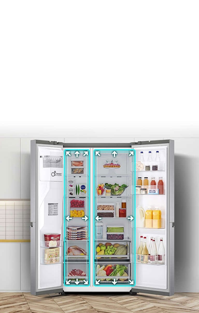 Video sa začína pohľadom spredu na chladničku s úplne otvorenými obidvomi dverami. Vnútorné priestory sú ohraničené neónovými čiarami. Šípky začnú čiary rozťahovať na znázornenie väčšieho priestoru vo vnútri. Neónový štvorec okolo vnútorných priestorov bliká. Znázorňuje rozdiel medzi novým priestorom a menším starým priestorom, ktorý už je ohraničený bodkovanou bielou čiarou.