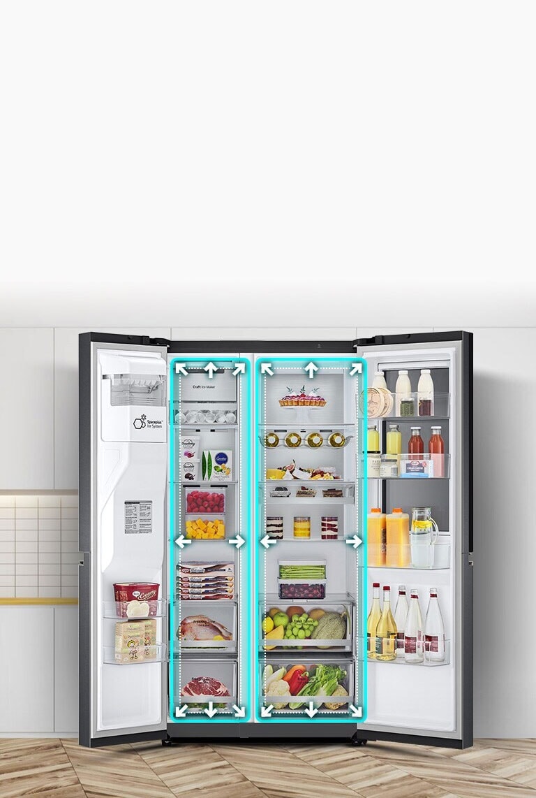 Video sa začína pohľadom spredu na chladničku s úplne otvorenými obidvomi dverami. Vnútorné priestory sú ohraničené neónovými čiarami. Šípky začnú čiary rozťahovať na znázornenie väčšieho priestoru vo vnútri. Neónový štvorec okolo vnútorných priestorov bliká. Znázorňuje rozdiel medzi novým priestorom a menším starým priestorom, ktorý už je ohraničený bodkovanou bielou čiarou.