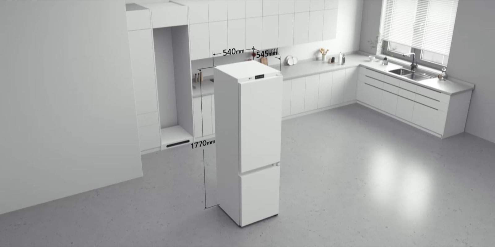 Znázornenie inštalácie vstavanej chladničky s mrazničkou dole LG.