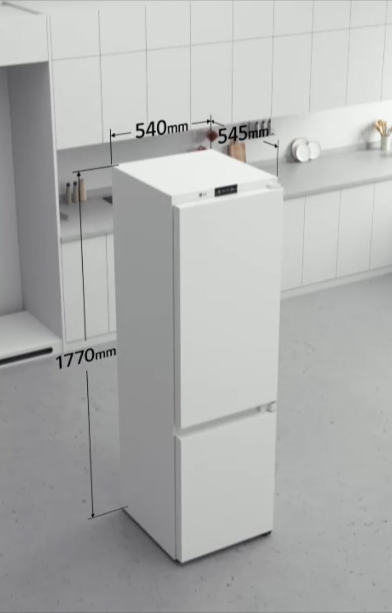 Znázornenie inštalácie vstavanej chladničky s mrazničkou dole LG.