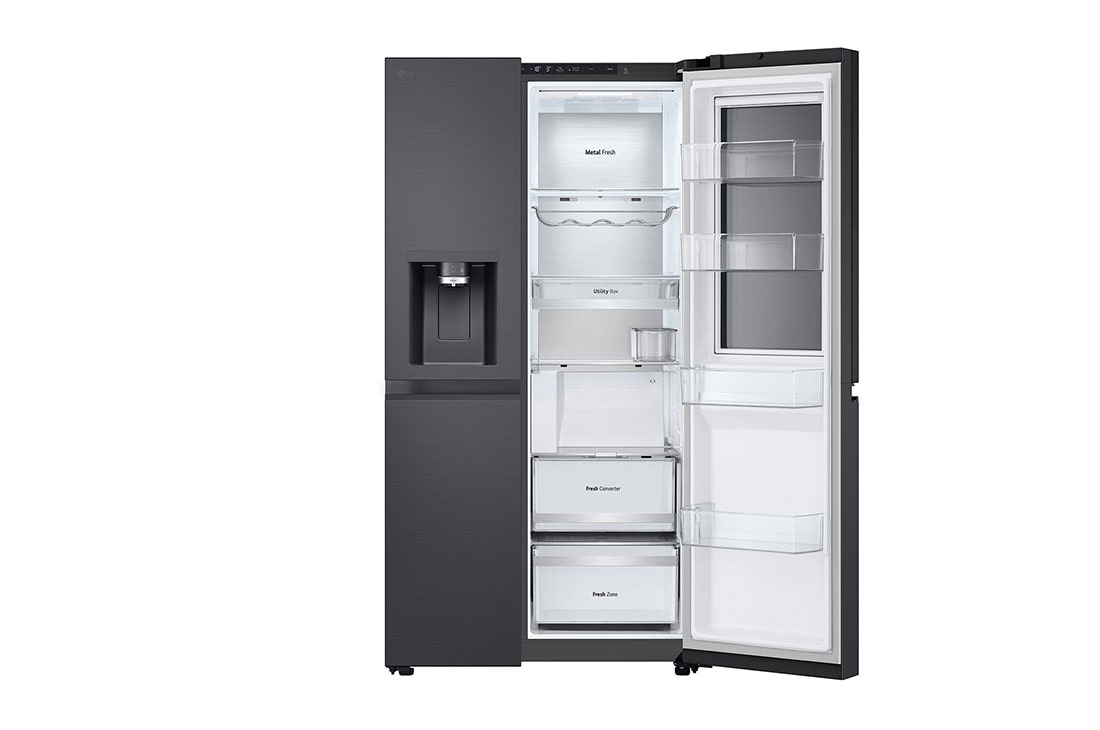 LG Americká chladnička LG | D | 628 l | InstaView Door-in-Door™ | UVnano™, front with open side double door open with food, GSXE90EVAD, thumbnail 11