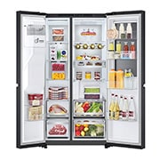 LG Americká chladnička LG | D | 628 l | InstaView Door-in-Door™ | UVnano™, front view and double door open with food, GSXE90EVAD, thumbnail 4