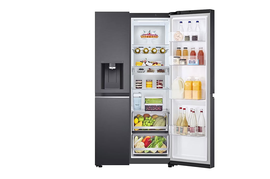 LG Americká chladnička LG | C | 628 l | DoorCooling+™ | UVnano™, One side open view with food, GSLE91EVAC, thumbnail 5