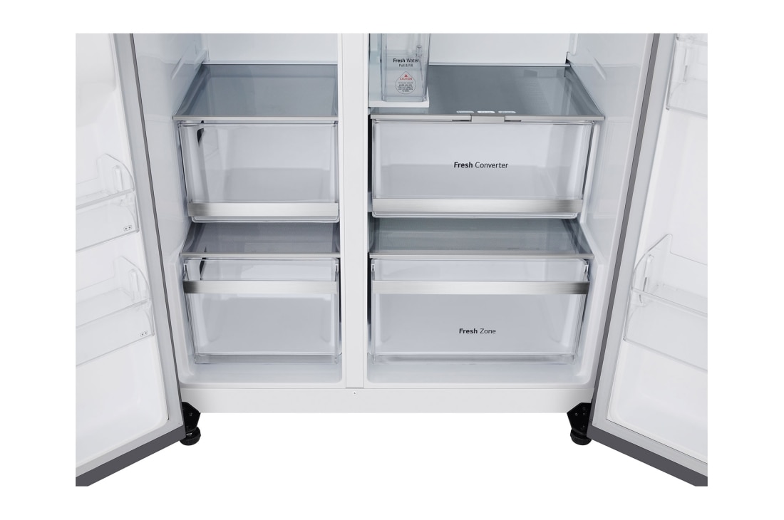 LG Americká chladnička LG | B | 628 l | DoorCooling+™ | UVnano™| Kovová Sorbet, door open trays view, GSLE91MBAB, thumbnail 7