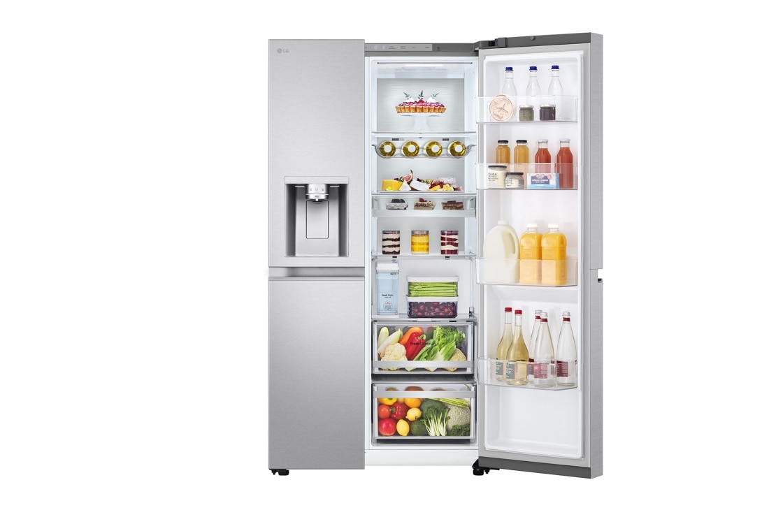 LG Americká chladnička LG | B | 628 l | DoorCooling+™ | UVnano™| Kovová Sorbet, One side door open with food, GSLE91MBAB, thumbnail 8