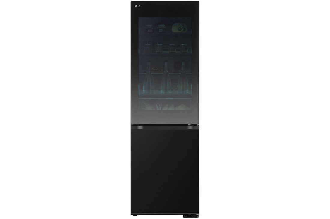 LG 349L InstaView™ DoorCooling+™ Kombinovaná chladnička, Čierna/šedá, front view with food, GBG5160CEV