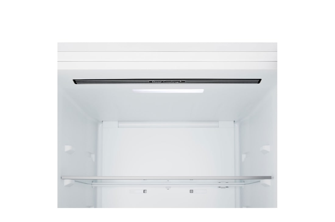 LG Kombinovaná chladnička LG | D | 333 l | Smart Invertorový kompresor | Biela, Chladnička so spodnou mrazničkou LG (GBBSJ10DSW) nainštalovaná v rovine vo vysokej stene teplej béžovej farby s bielymi šípkami, ktoré ukazujú na hornú stranu a predné povrchy, GBBSJ10DSW, thumbnail 6