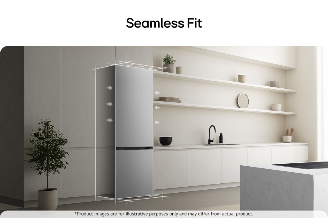 LG Kombinovaná chladnička LG | D | 375 l | Smart Invertorový kompresor | Strieborná, Chladnička so spodnou mrazničkou LG (GBBW726CPY) nainštalovaná v rovine vo vysokej stene teplej béžovej farby s bielymi šípkami, ktoré ukazujú na hornú stranu a predné povrchy, GBBSJ20DPY, thumbnail 6