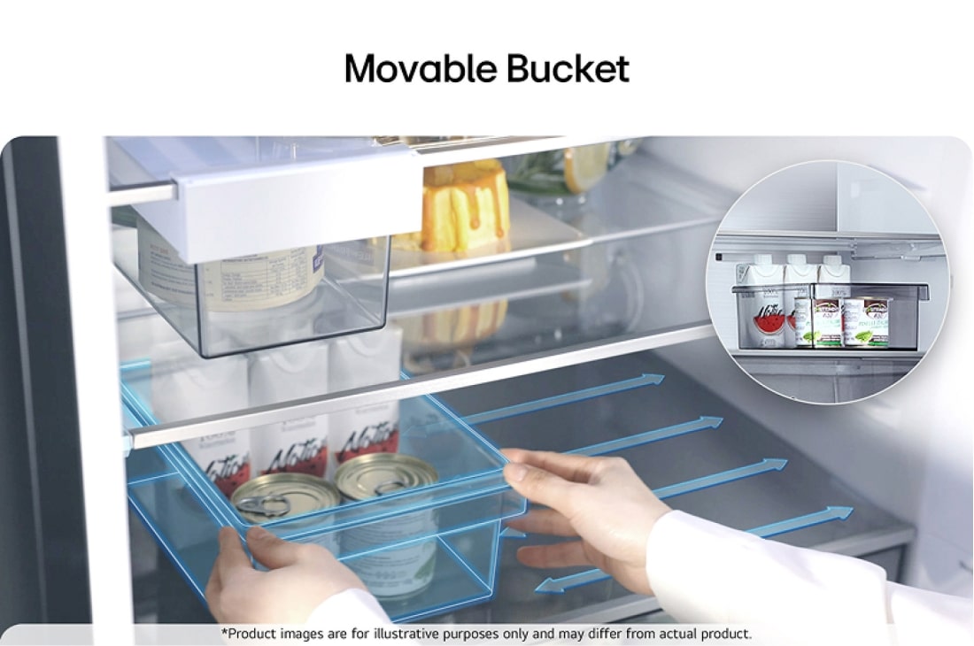 LG Kombinovaná chladnička LG | C | 375 l | Smart Invertorový kompresor | Čierna/šedá, Chladnička s mrazničkou LG (GBBW726CPY), polica zvýraznená modrou so šípkami smerujúcimi hore a dole, obrázok vpravo zobrazuje sklopenú policu s dvomi fľašami s vodou, GBBSJ2CCEP, thumbnail 11