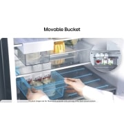 LG Kombinovaná chladnička LG | C | 375 l | Smart Invertorový kompresor | Čierna/šedá, Chladnička s mrazničkou LG (GBBW726CPY), polica zvýraznená modrou so šípkami smerujúcimi hore a dole, obrázok vpravo zobrazuje sklopenú policu s dvomi fľašami s vodou, GBBSJ2CCEP, thumbnail 11