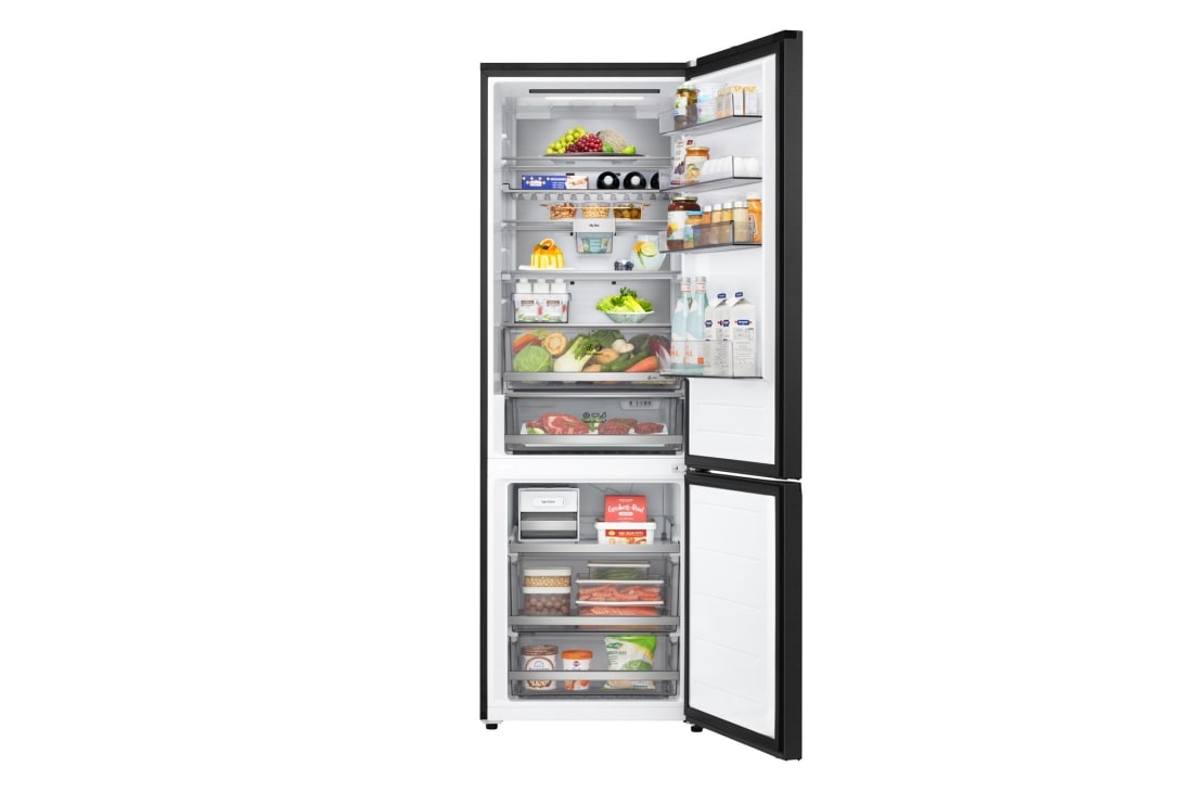 LG Kombinovaná 70cm chladnička LG | C | 465 l | Smart Invertorový kompresor | Čierna/šedá, Chladnička so spodnou mrazničkou LG (GBBW726AEV), pohľad s úplne otvorenými dverami s viditeľným priestorom chladničky a mrazničky, GBBW726CEV, thumbnail 3