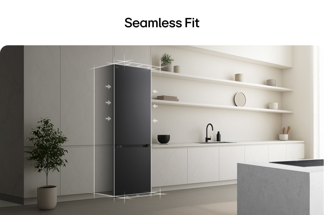 LG Kombinovaná 70cm chladnička LG | C | 465 l | Smart Invertorový kompresor | Čierna/šedá, Chladnička s mrazničkou LG (GBBW726AEV) vstavaná v tmavohnedých skrinkách s oknom a pohovkou vľavo a drezom vpravo, GBBW726CEV, thumbnail 9