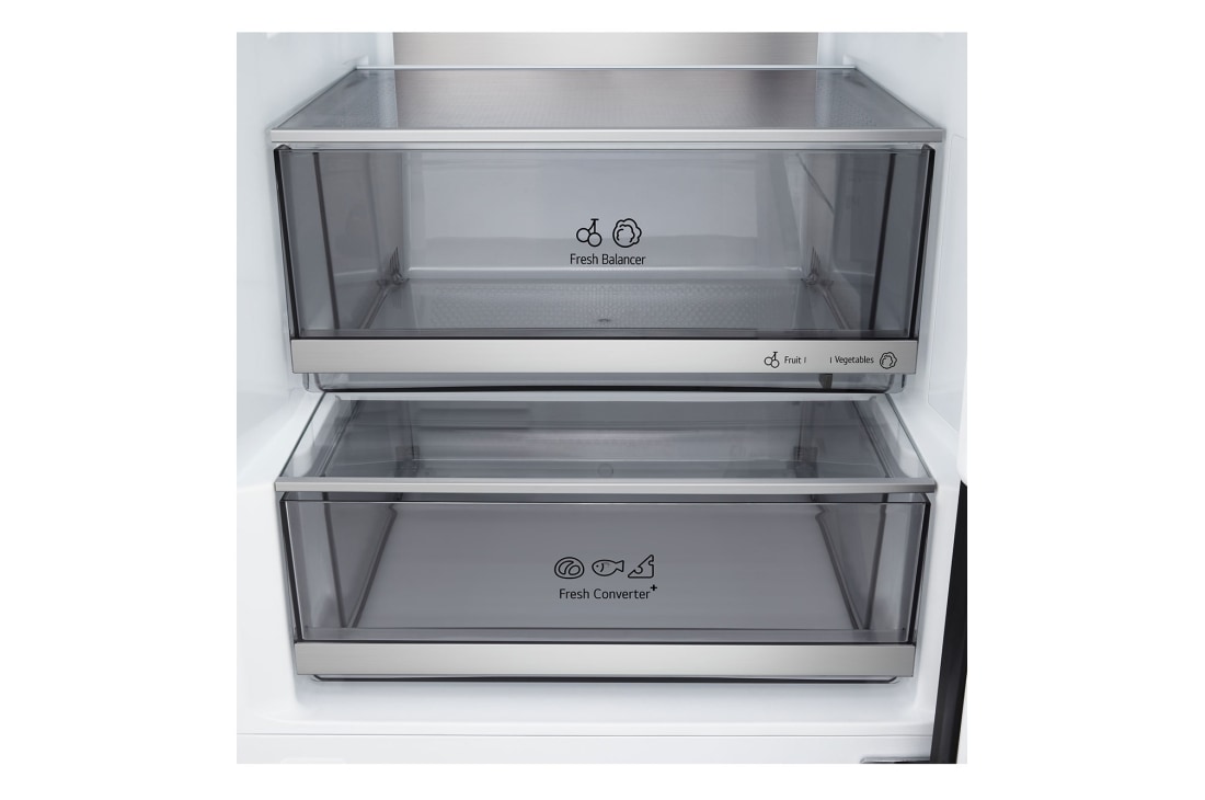 LG  Kombinovaná chladnička LG | A | 375 l | Smart Invertorový kompresor | Čierna/šedá, Chladnička s mrazničkou LG, horný pohľad s matnou čiernou chladničkou vľavo a vstavanými skrinkami vpravo, GBBS727AEV, thumbnail 5