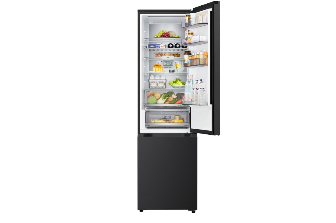 LG  Kombinovaná chladnička LG | A | 375 l | Smart Invertorový kompresor | Čierna/šedá, Chladnička so spodnou mrazničkou LG, pohľad s úplne otvorenými dverami s viditeľným priestorom chladničky a mrazničky, GBBS727AEV, thumbnail 6