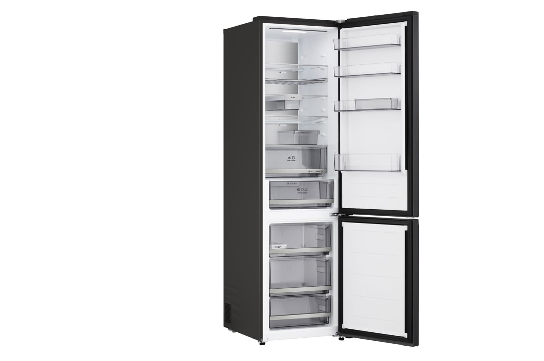 LG  Kombinovaná chladnička LG | A | 375 l | Smart Invertorový kompresor | Čierna/šedá, Vľavo je zobrazené mäso s teplotou -3 °C, v strede čerstvá ryba s teplotou 0 °C a vpravo syr s teplotou 2 °C., GBBS727AEV, thumbnail 11