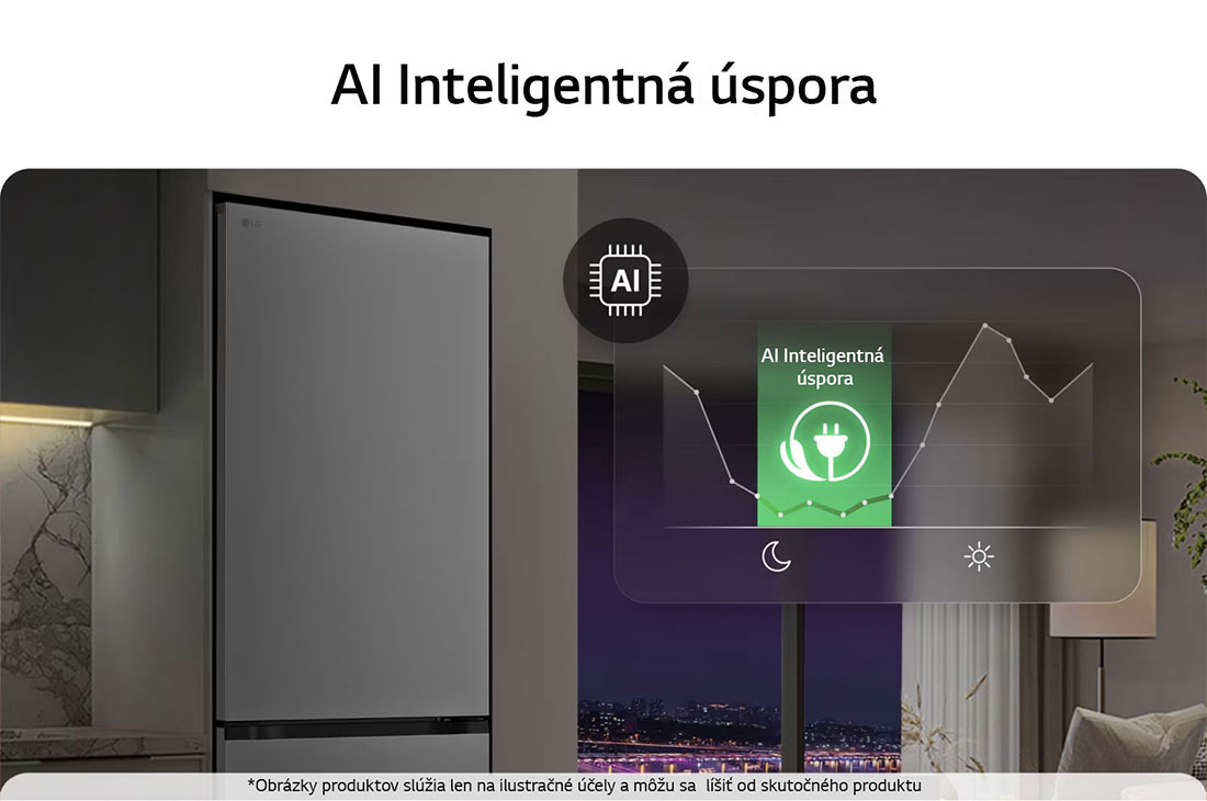 LG Kombinovaná chladnička LG | B | 375 l | Smart Invertorový kompresor | Strieborná, Chladnička so spodnou mrazničkou LG (GBBW726CPY) v obytnom priestore s výhľadom na nočné mesto prekrytým grafikou režimu AI Saving Mode a grafom premenlivej spotreby energie, GBBS322APY, thumbnail 5
