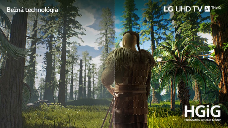 Obrazovka televízora, na ktorej je muž stojaci uprostred lesa. Polovica obrazu je zobrazená na bežnej obrazovke so slabšou kvalitou obrazu. Druhá polovica je zobrazená na obrazovke televízora LG UHD TV v ostrých a sýtych farbách.