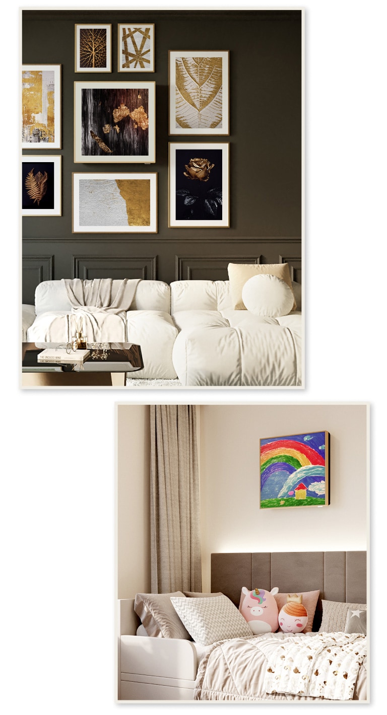 Premeňte spotrebič na umenie a vystavte si ľubovoľné umelecké dielo na displeji s dreveným rámom.