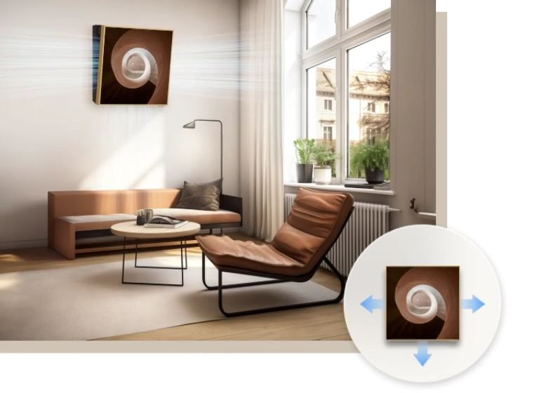 Rozptyľuje studený vzduch cez ľavú, pravú a spodnú stranu rámu a vnáša tak osviežujúci vánok do každého kúta miestnosti.