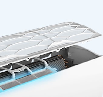 Klimatizáciu LG vidno s otvorenou hornou časťou, ktorá odhaľuje vnútro. Modré neónové svetlo osvetľuje filter vo vnútri. 